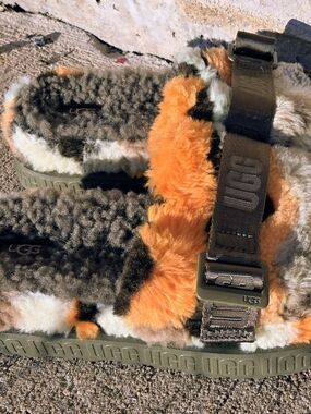 UGG Fluffy Fur Slide Sandals in Olive and Orange